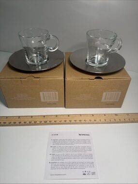 ☕ cute pair Nespresso brand espresso clear glass cups & stainless steel saucers